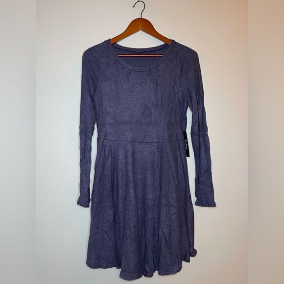 Lulus Fit and Fair Denim Blue Ribbed Knit Long Sleeve Skater Dress XL - Picture 5 of 14